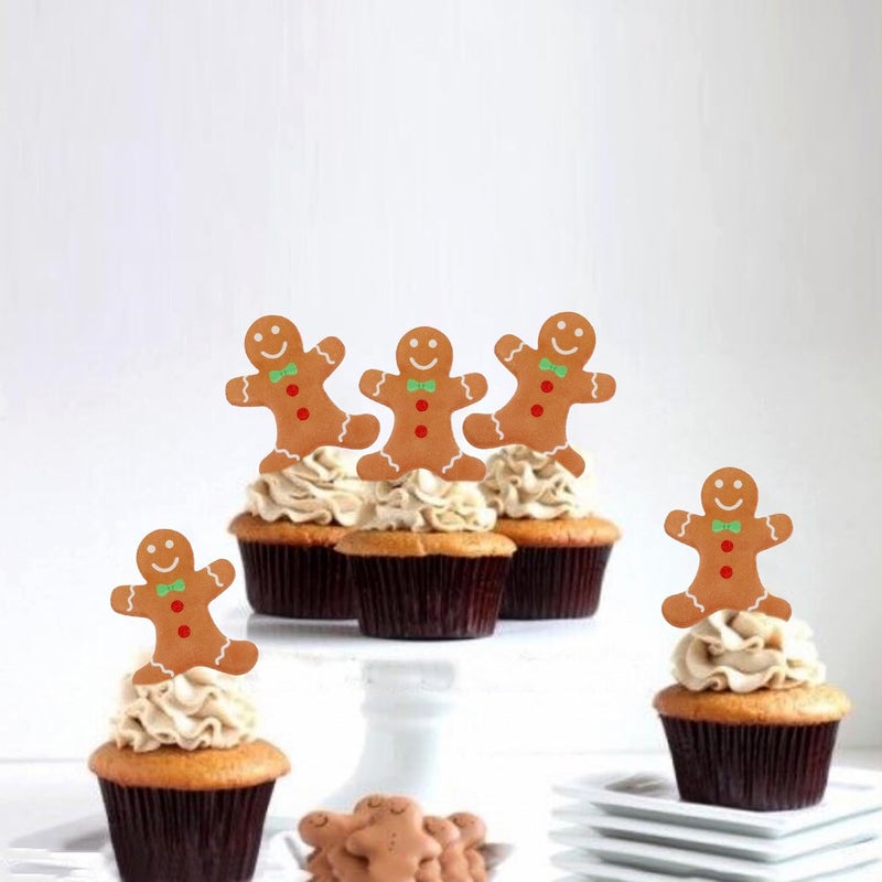 Ercadio 40 Pcs Edible Merry Christmas Cupcake Toppers Brown Gingerbread Man Cupcake Drink Topper Picks for Celebrating Merry Christmas Theme New Year Holiday Party Cake Decorations Supplies - Image 3